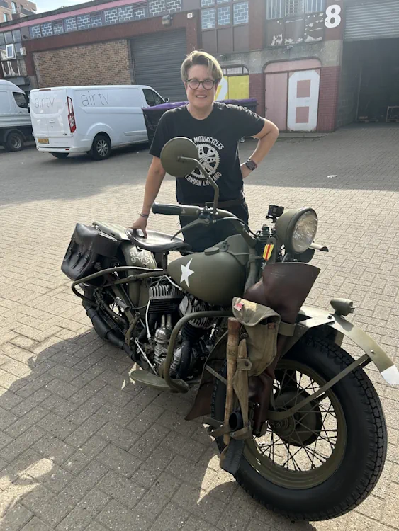 Proud Karen in front of the Fully Restored Harley Davidson WLA Flathead Proud Karen in front of the Fully Restored Harley Davidson WLA Flathead